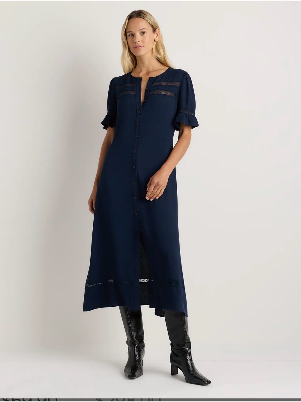 Quince Deep Navy Blue Lightweight Crepe Lace Inset Midi Dress Size Small S